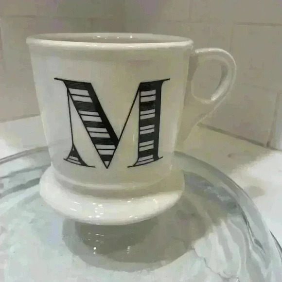 Anthropologie Coffee Mug Monogram Letter M Black White Shaving Style Cup NEW - Picture 1 of 15